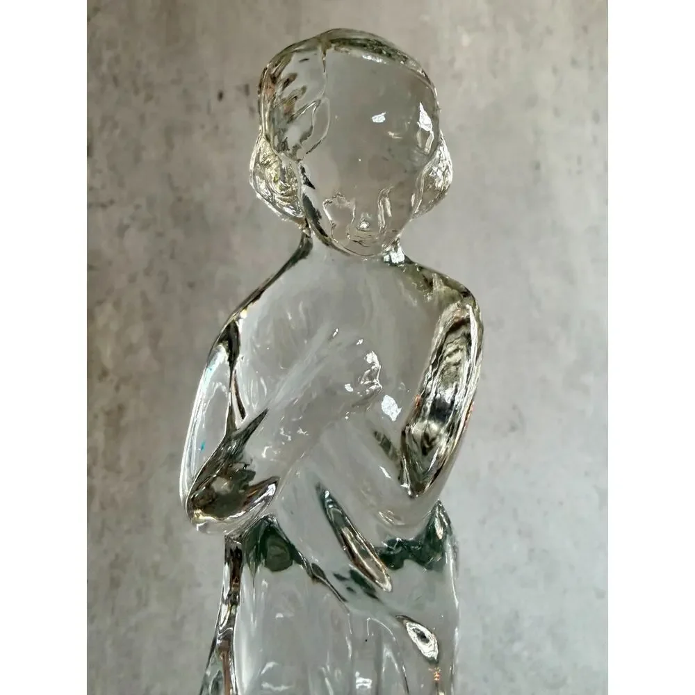 Art Glass Flower Frog Figural Boy UV Reactive Glow Clear Glass MCM Sculpture